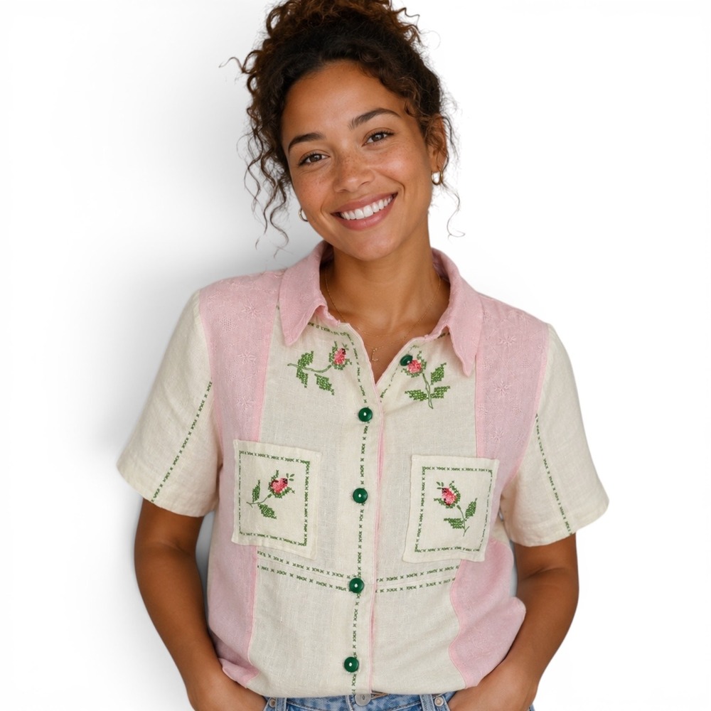 Vintage Linen Cross Stitch Rose Embroidered Button Up Shirt Pink Cream Large
